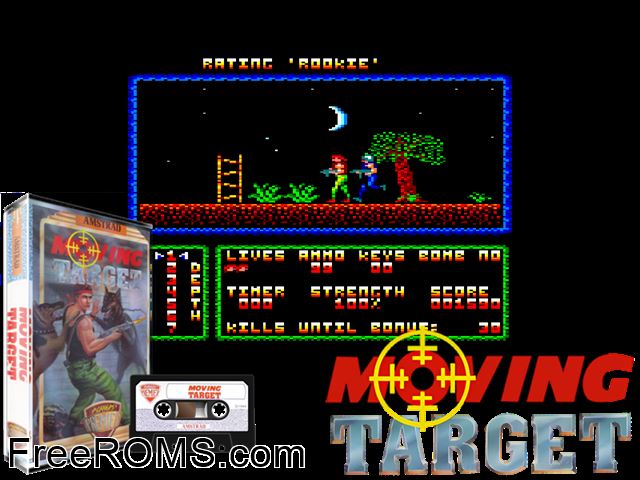 Moving Target (UK) (1989) [h1] Amstrad CPC game showing 3D box cover and gameplay screenshot
